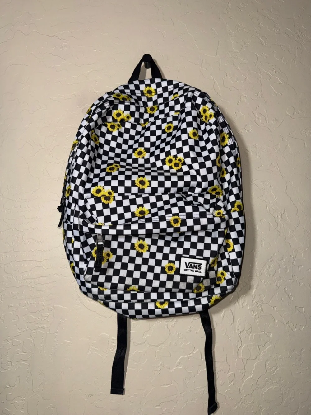 Vans black and white checker print sunflowers school size backpack